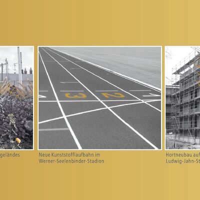 Foto: Drei Schwarz-Weiß-Fotos vor einem goldenen Hintergrund. Auf dem linken Foto ist ein Pflanzbeet und dahinter eine Metall-Skulptur. Auf dem mittleren Foto sieht man eine Laufbahn mit Ziffern. Auf dem rechten Foto sieht man einen Baum vor einer Baustelle.