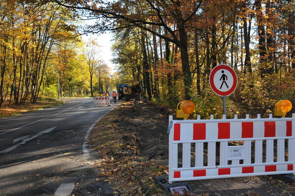 Bild vergr&ouml;&szlig;ern: Foto: Eine Baustelle am Rande einer Straße. Daneben herbstliche Laubbäume.
