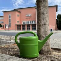 Bild vergr&ouml;&szlig;ern: Gießkanne vor einem Baum in der Nähe des Stadttheaters