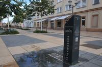 Foto: Eine schwarze Säule mit der Aufschrift "Trinkwasser" vor Häusern und Bäumen.