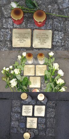 Bild vergr&ouml;&szlig;ern: Foto: Acht Stolpersteine, Grablichter und Blumen drumherum.