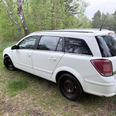 Foto: Ein weißer Opel Astra vor Bäumen.