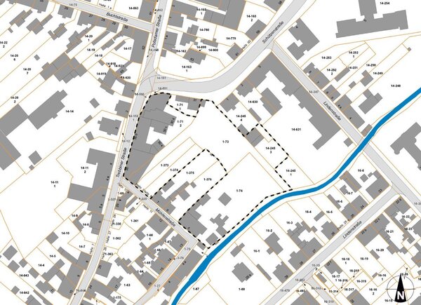 Bild vergr&ouml;&szlig;ern: Geltungsbereich des Bebauungsplanes Nr. 52/2023 „Trebbiner Straße/ Mühlenstraße“