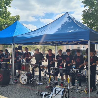 Bild vergr&ouml;&szlig;ern: Foto: Zahlreiche Musiker stehen unter blauen Pavillons.