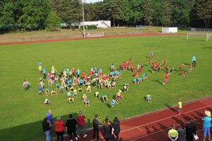 Bild vergr&ouml;&szlig;ern: Foto: Zahlreiche Kinder hüpfen über einen grünen Rasen. Im Vordergrund stehen einige Erwachsene.