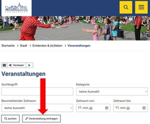 Bild vergr&ouml;&szlig;ern: Die Grafik zeigt die Internetseite der Stadt Luckenwalde mit dem Button "Veranstaltung eintragen".